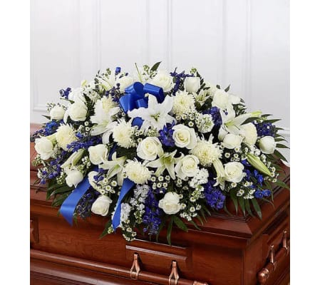 CASKET SPRAY BLUE AND WHITE