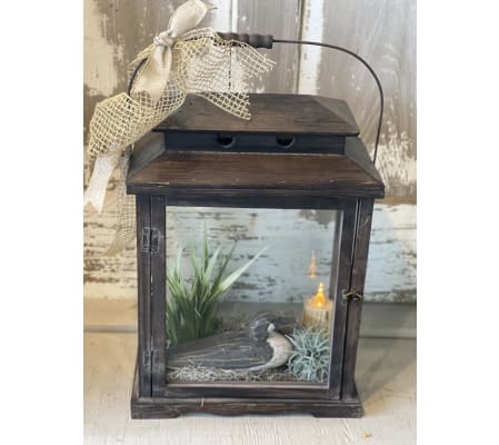Large Lantern with Wooden Duck and Battery Operated Candle