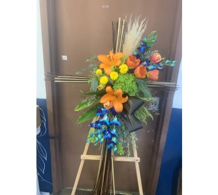 Orange and Blue Standing Spray w/ Feathers