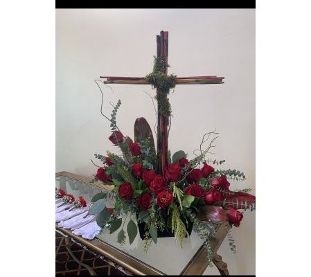 Red Rose & Cross Box Arrangement