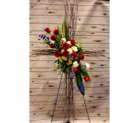 CROSS OF BIRCH BRANCHES WITH FLOWERS ADDED