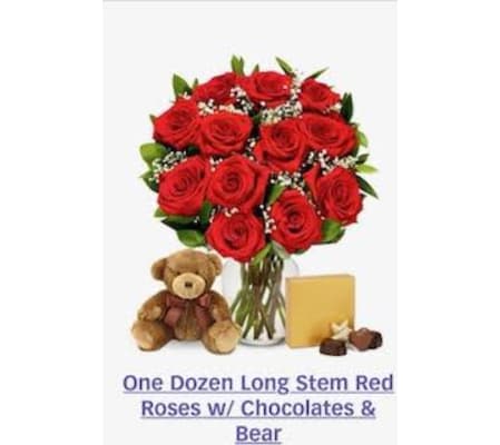 ONE DOZEN LONG STEM RED ROSES/ CHOCOLATES & BEAR