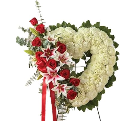 White Standing Heart Spray with Rose & Lily Break
