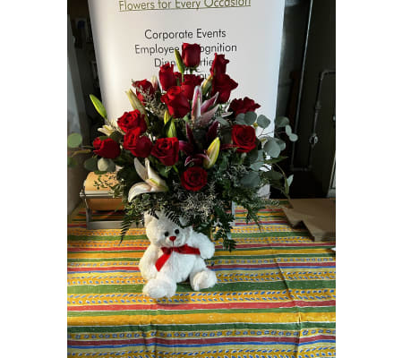 2 dozen Designer Red Freedom Roses and Lilies with Bear