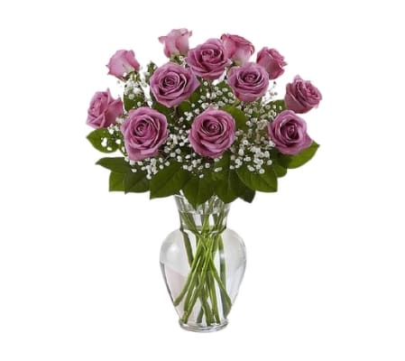 DOZEN LAVENDER ROSES VASED