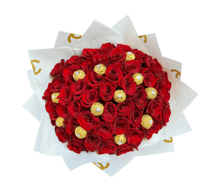 50 Red Roses & Chocolates Wrapped Bouquet