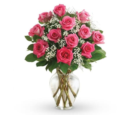 Dozen HOT Pink Roses in a Vase 2025
