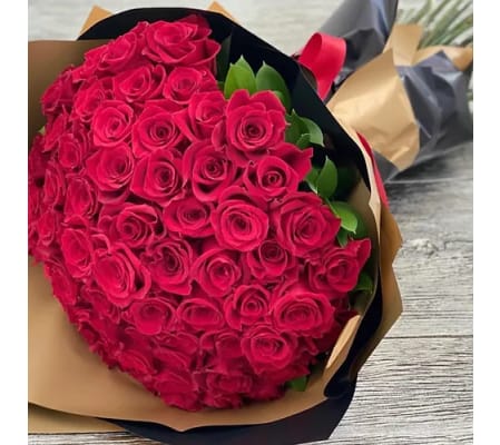 50 Long Stem Premium Red Roses With Greenery Wrapped