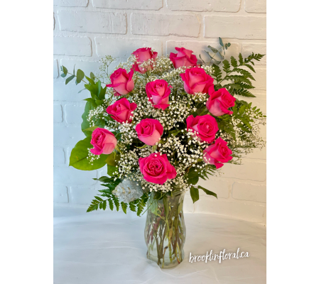 Hot Pink Dozen Roses In A Vase