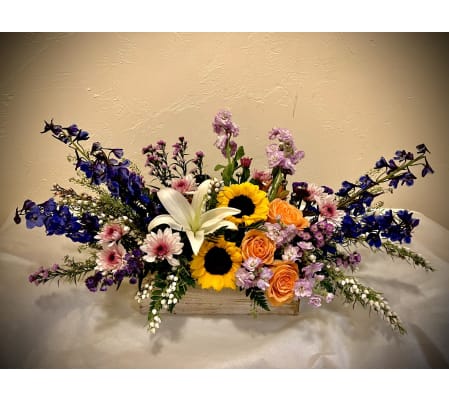 Rustic Wooden Box filled with Assorted Seasonal  Mixed Flowers