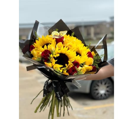 Roses and sunflowers wrapped