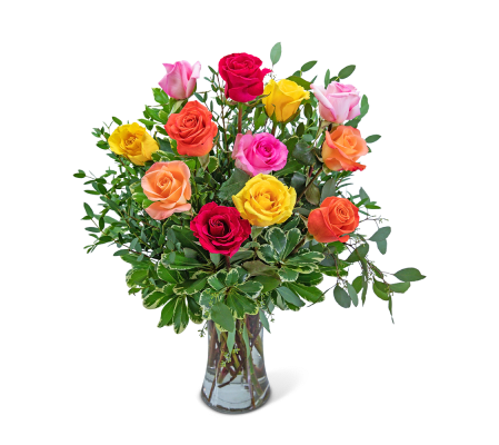 One Dozen Vibrant Roses Arrangement