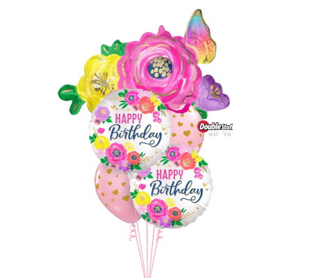 Artful Floral Birthday Cheerful Balloon Bouquet