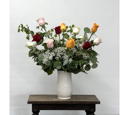 Dozen Mixed Color Roses Arranged