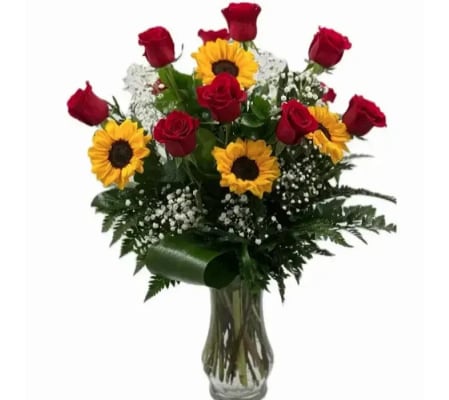 Classic Dozen Roses and Sunflowers 