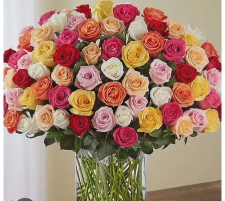 100 ASSORTED ROSE BOUQUET IN VASE