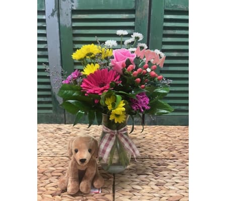 Fresh Colourful Vase of Flowers with Plush Dog