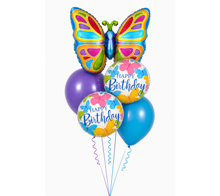 Happy Birthday Bright Colourful Butterflies Cheerful Balloon Bouq