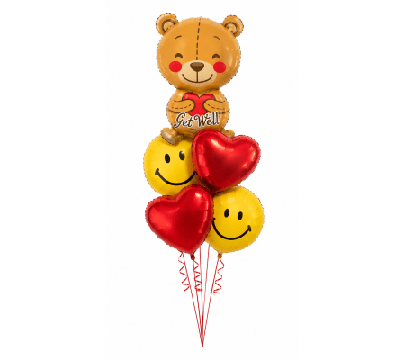 Big Hug Bear Smiley Heart Get Well Super Fun Foil Balloon Bouquet