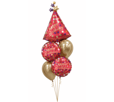 Red Satin Party Hat Happy Birthday Cheerful Balloon Bouquet