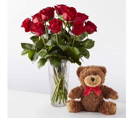 Classic Red Roses with Plush Bear