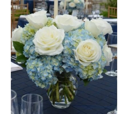 BLUE HYDRANGEA & WHITE ROSES 