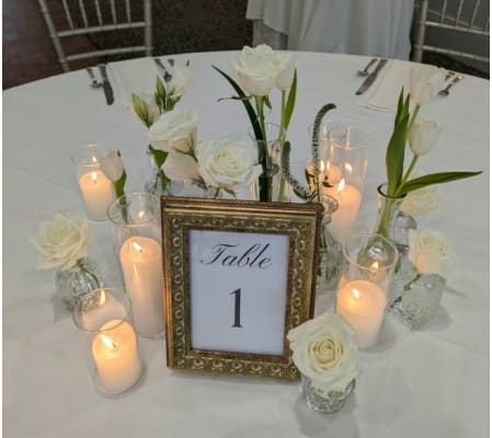 ASSORTED BUD VASES & CANDLES - CENTERPIECE