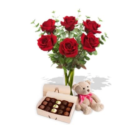 Roses Chocolates and Teddy Bear