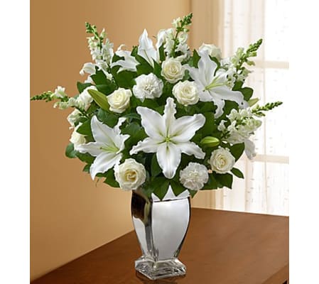 All White Arrangement in Silver Vase