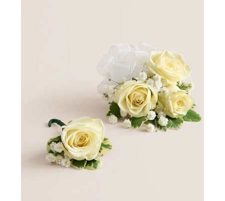 White Spray Rose Corsage & Boutonniere