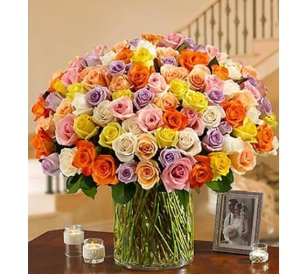 100 Premium Multicolored Roses in a Vase