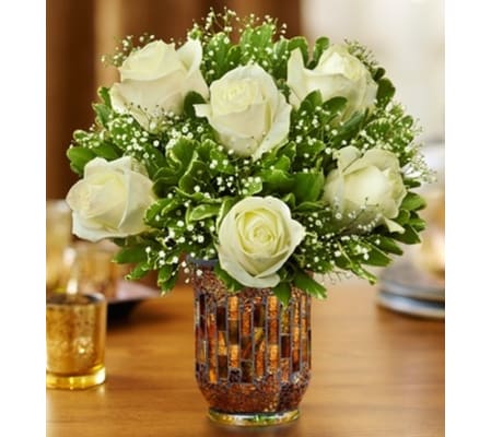 Roses in a Mosaic Vase - White