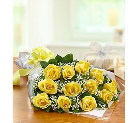 One Dozen Rose Presentation Bouquet - Yellow