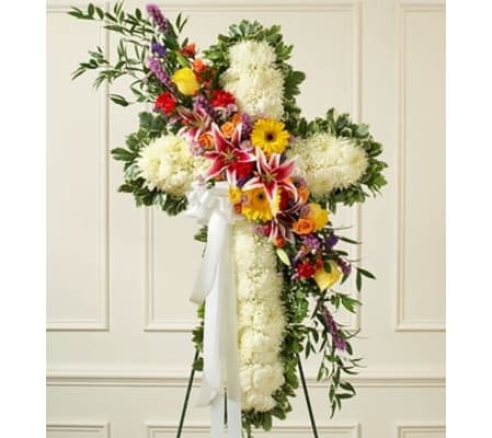 White Standing Cross with Bright Flower Break