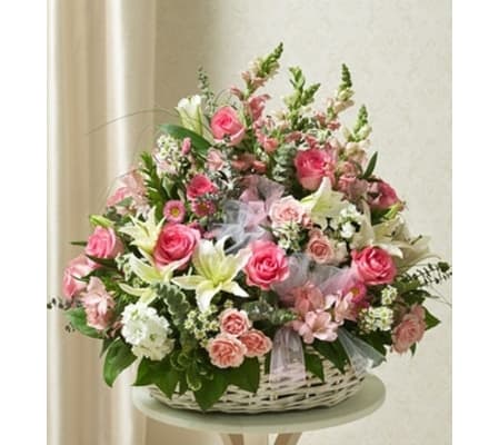 Pink and White Sympathy Arrangement in Basket