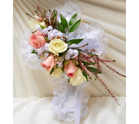 Pink And White Satin Cross Casket Pillow