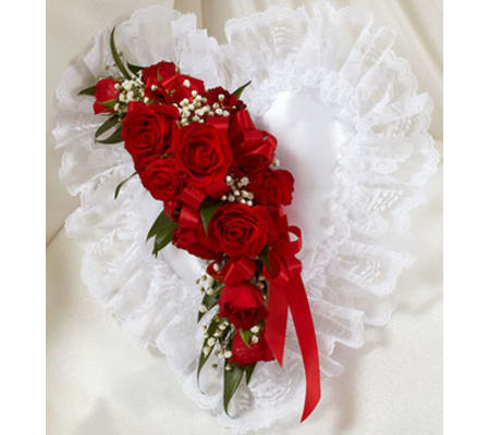 Red and White Satin Heart Casket Pillow