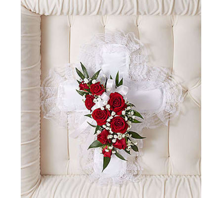 Red & White Satin Cross Casket Pillow