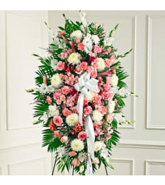 PINK AND WHITE STANDING SPRAY. An arrangement by Heavenly Flowers.