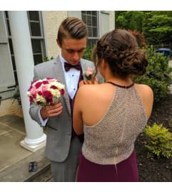 MATCHING HAND-TIED BOUQUET AND LAPEL FLOWER * PROM. An arrangement by Flowers by Priscilla.