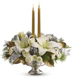 Silver And Gold Centerpiece. An arrangement by Jennifer's Flowers and Gifts.