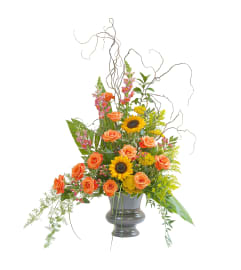 Heaven's Sunset Large Urn. An arrangement by The Flower Patch Florist.