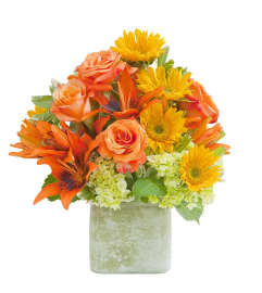 Textured Sunset Vase. An arrangement by The Flower Patch Florist.