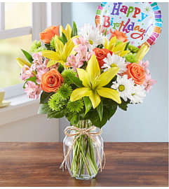 Fields of Europe With Happy Birthday Balloon. An arrangement by Aventura Blooming Petals.