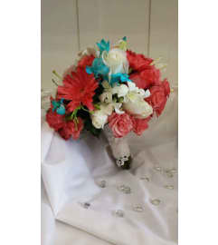 Coral and Turquoise Bouquet. An arrangement by Julie's Artistic Rose.