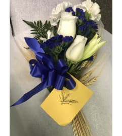 The Sheaf of Wheat in blue. An arrangement by Seasons Change Designs.