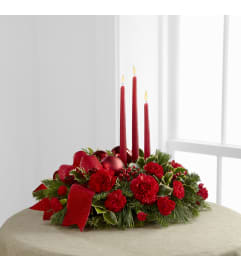 Seasons Greetings Centerpiece w/Candles. An arrangement by Dupree's Root 88 Garden Center and Florist.
