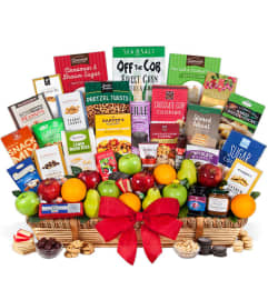 EXQUISITE FRUIT and GOURMET BASKET. An arrangement by J.D. Ballantine's Flowers and Gifts.