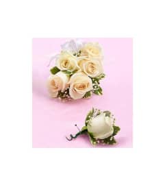 Wedding White Rose Corsage and Boutonniere. An arrangement by Burlington Flowers.