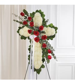 Sympathy Standing Cross Peace and Prayers Red and White. An arrangement by Burlington Flowers.